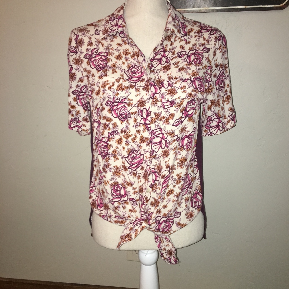 Anthro Porridge Floral Maroon Bergen Button Down